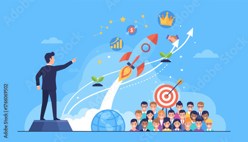 Dynamic business startup concept illustration featuring a determined businessman pointing towards a soaring rocket, symbolizing growth and success, with a diverse team of professionals looking on, a