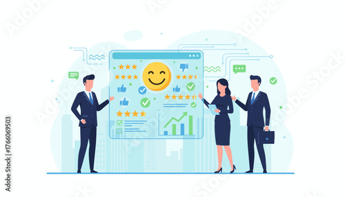Business professionals analyzing customer feedback and satisfaction metrics on a futuristic virtual interface, showcasing positive reviews, star ratings, and growth charts, representing data analysis