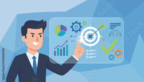 Business strategy planning concept with a man in a suit pointing at a digital screen displaying charts, graphs, target, checklist, and gears, representing successful management and goal achievement