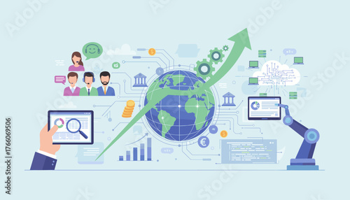 Global business and economic growth concept illustration with a rising green arrow, earth globe, financial icons, customer service team, robotic arm, cloud computing, and data analysis charts