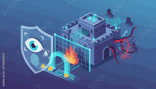 Isometric illustration of a digital castle under cyber attack, featuring biometric security elements like fingerprints and an eye, alongside a shopping cart, coins, and a firewall, symbolizing data