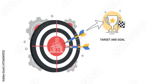 Conceptual illustration of business success, showing darts hitting a bullseye target with a building and dollar sign, leading to a trophy and checkered flag, symbolizing achievement and opportunity.