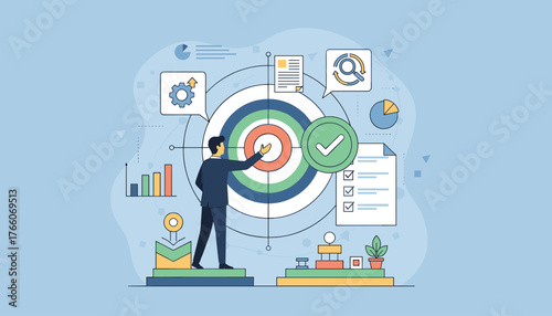 Business strategy planning concept with a man in a suit reaching for a target, surrounded by icons representing analytics, goals, checklists, and gears, symbolizing successful project management and