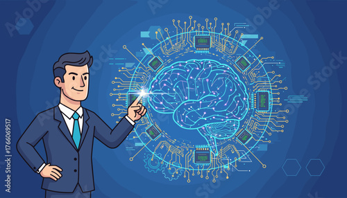 Dynamic illustration of a businessman in a suit pointing at a glowing, intricate AI neural network, symbolizing artificial intelligence, machine learning, and technological innovation, set against a