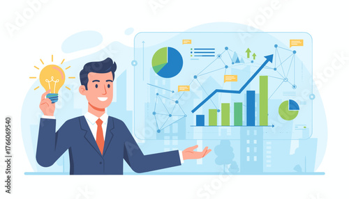 Vibrant illustration of a businessman holding a glowing light bulb, symbolizing innovation and new ideas, while presenting a digital dashboard with financial charts, graphs, and data analytics
