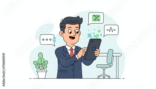 Modern businessman in a suit actively engaged with his smartphone, surrounded by abstract digital elements and communication bubbles, symbolizing connectivity and business operations in a