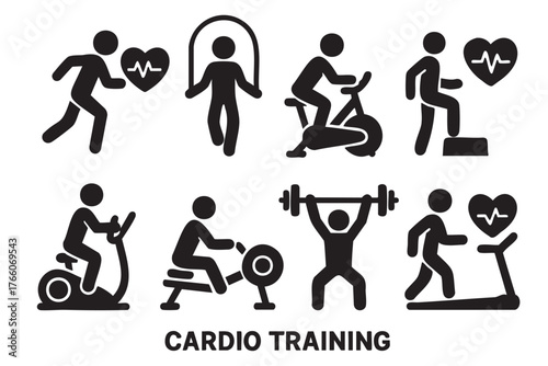Silhouette icons depicting various cardio exercises including running, jump rope, cycling, and treadmill activities for fitness and training purposes.