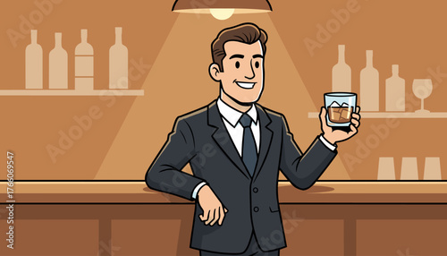 Smiling businessman in a dark suit holding a glass of whiskey with ice, standing at a polished wooden bar with bottles and glasses on shelves in the background, under warm lighting, conveying a sense