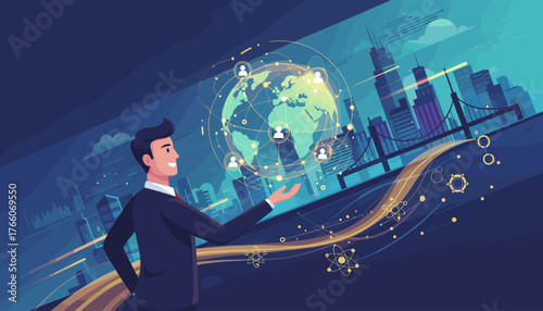 Dynamic businessman in a suit presenting a glowing holographic globe with interconnected user icons, symbolizing global network and data connections, set against a futuristic cityscape with abstract