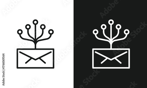 Email Marketing Icon, Digital Communication Symbol with Envelope and Network Tree, Minimalist Line Art for Data Distribution and Newsletter Automation, Modern Vector Graphic, Black and White Versions.