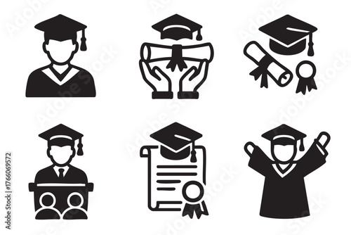 Black and white icons depicting graduation themes, including graduates in caps, diplomas with ribbons, and celebratory poses.