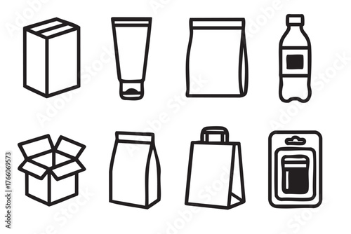Black outline icons depicting various packaging options, including a box, tube, bag, bottle, open box, sack, paper bag, and blister pack.