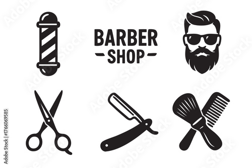 Black and white icons of barber tools, including a barber pole, scissors, straight razor, comb, brush, and a stylized man with a beard and sunglasses.