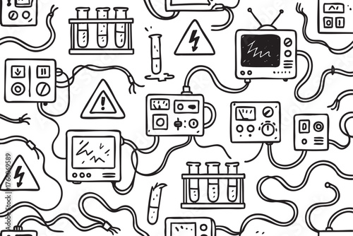 Black and white illustration of scientific laboratory equipment, including test tubes, monitors, and warning signs connected by cables.