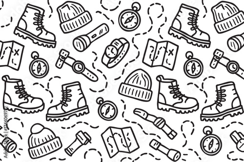 Black and white seamless pattern featuring various hiking equipment, including boots, hats, flashlights, compasses, maps, and watches with dashed trail lines.