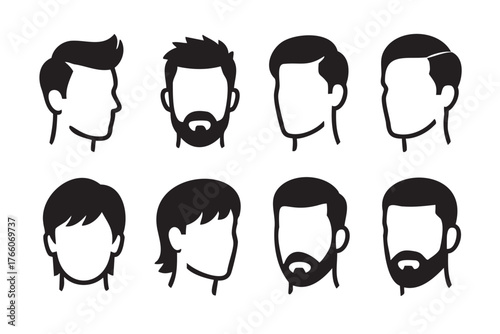 Black and white vector silhouettes of eight male hairstyles, including various cuts and styles, designed for hair and fashion concepts.