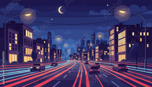 Vibrant cityscape at night, featuring a multi-lane highway with streaks of light from moving cars, illuminated buildings with glowing windows, streetlights casting warm glows, and a crescent moon in