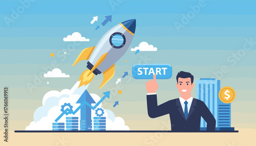 Vibrant illustration of a business startup launch with a rocket ascending into a clear blue sky, symbolizing growth and success, with a businessman pressing a 'START' button next to financial charts