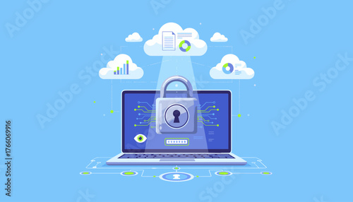 Digital security concept illustration: A laptop displays a prominent padlock, password input field, and an eye icon, symbolizing data protection and access control, connected to cloud storage icons