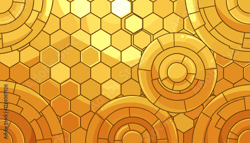 Abstract golden mosaic texture background with hexagonal and circular patterns, evoking a sense of luxury, warmth, and natural geometric beauty, perfect for design projects requiring a rich and