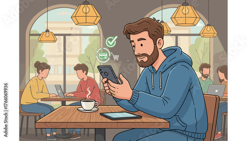 Modern man with beard in blue hoodie using smartphone for online payment in cafe, with digital icons of credit card, shopping cart, and checkmark floating above, surrounded by other people working on