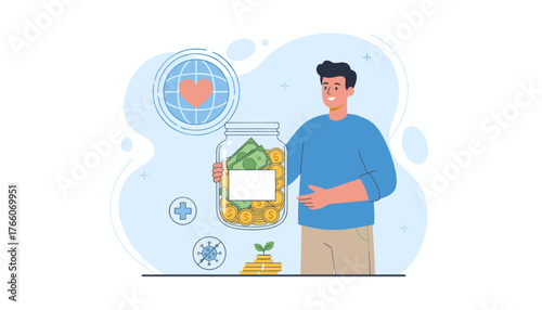 A smiling man holds a glass jar filled with coins and banknotes, symbolizing donation and charity. Icons representing global health, medical aid, and a virus with a prohibition sign are visible
