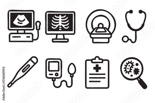 Black outline icons depicting ultrasound, x-ray, mri, stethoscope, thermometer, blood pressure monitor, medical chart, and bacteria under a magnifying glass.