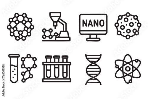 Black outline icons illustrating various scientific concepts, including molecular structures, laboratory equipment, and dna, emphasizing nanotechnology and chemistry.