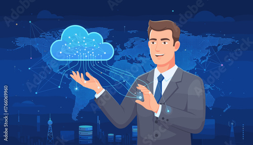 Dynamic illustration of a smiling businessman in a suit presenting a glowing blue cloud computing icon connected by intricate lines and nodes against a backdrop of a digital world map, symbolizing