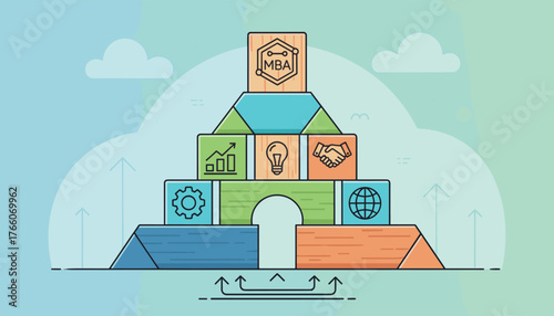 Conceptual illustration of an MBA Master of Business Administration program, depicted as a colorful block tower symbolizing growth, innovation, partnership, and global reach, with upward arrows and