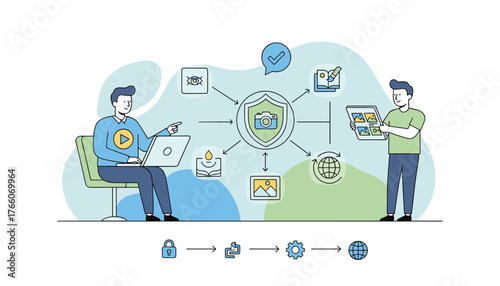 Digital copyright concept with two men interacting with technology, illustrating intellectual property rights, image ownership, and secure data transfer through a central shield icon with a camera