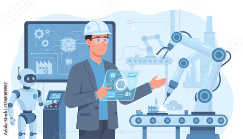 A technical manager in a hard hat and safety glasses interacts with a futuristic holographic interface displaying AI and brain graphics, overseeing a robotic arm and automated factory production line