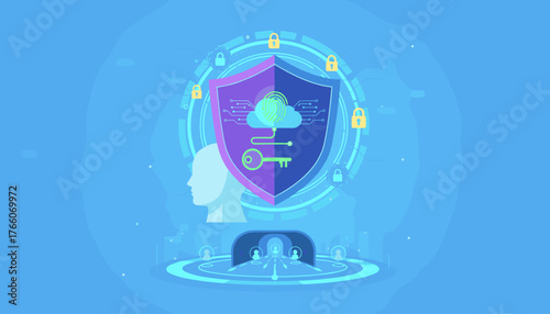 Abstract concept of cyber security and information security, represented by a digital shield with a fingerprint and cloud icon, a key, and surrounding locks and human profiles, symbolizing data