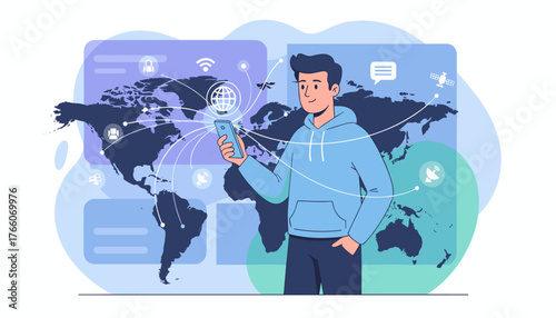 Young man in a blue hoodie holding a smartphone, connected to a global network with lines radiating from a globe icon on the screen, symbolizing worldwide communication and technology, set against a