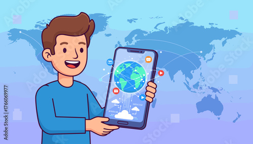 Young man enthusiastically holding a smartphone displaying a glowing globe with social media icons and cloud connections, set against a stylized world map background, symbolizing global connectivity