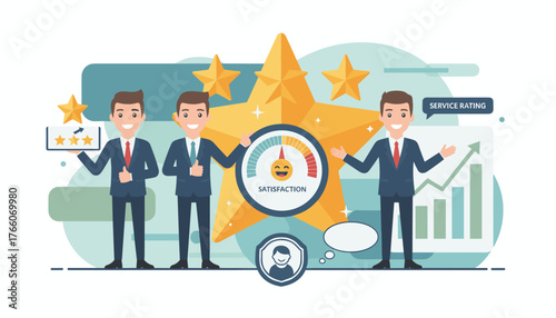 Customer satisfaction evaluation and feedback concept with men in suits giving positive ratings and thumbs up, a satisfaction meter, star ratings, and growth charts, representing excellent service