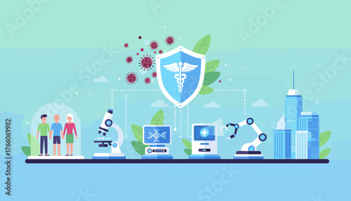 Innovative medical science and technology development for preventing pandemics and protecting people, featuring a shield with caduceus, viruses, microscope, DNA, robotic arm, and cityscape