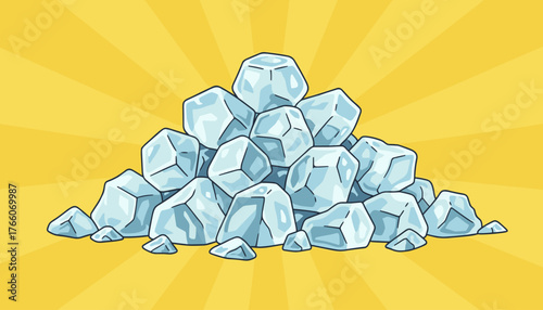 A vibrant pile of glistening, translucent ice cubes is artfully arranged on a bright yellow background with radiating sunburst lines, creating a refreshing and cool visual effect perfect for summer