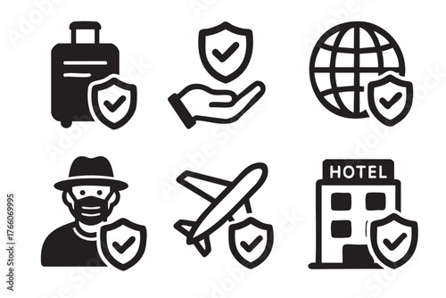 Black icons representing travel safety including luggage, hand with shield, globe, masked person, airplane, and hotel, each with a security symbol.