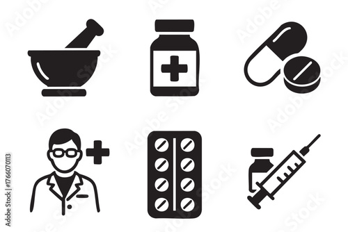 Black outline icons representing a mortar and pestle, a medical bottle with a cross, capsules and pills, a male doctor with glasses, blister pack of tablets, and a syringe with vial.