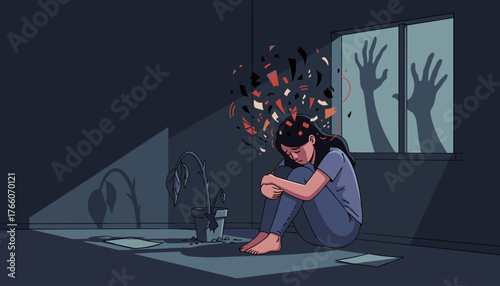 A young woman sits alone in a dark, desolate room, her head bowed and body curled in a fetal position, symbolizing depression and PTSD. Fragments of her thoughts explode outwards, representing mental