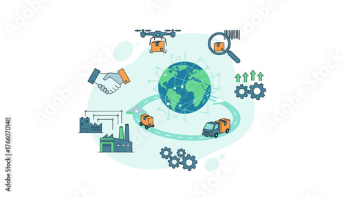Global digital logistics and supply chain concept illustration featuring a planet Earth surrounded by interconnected nodes, drone delivery, trucks, factories, handshake, barcode scanning, and gears