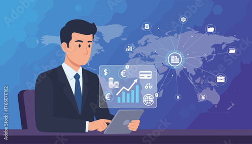 A businessman in a suit uses a tablet to analyze financial data, displaying charts, currency symbols, and credit cards on a holographic interface against a backdrop of a world map and digital
