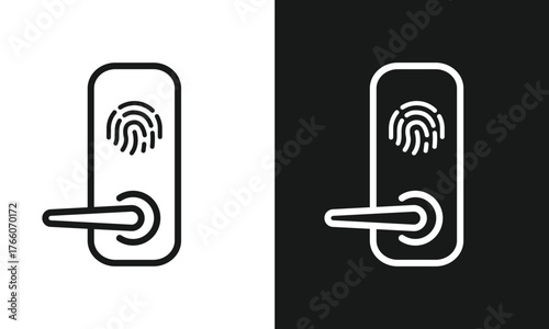 Smart Door Lock with Fingerprint Scanner Icon, Biometric Security and Keyless Entry Symbol, Minimalist Line Art for Smart Home Access, Modern Vector Graphic, Black and White Versions.