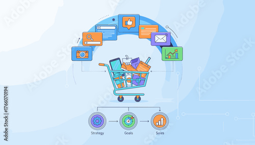 Digital online marketing commerce sale concept with shopping cart filled with products, social media icons, search bar, email, and growth chart, illustrating strategy, goals, and sales funnel on a