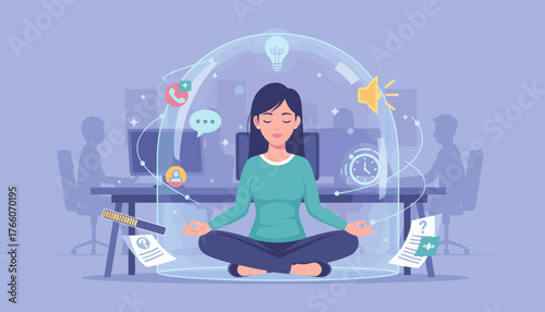 Woman meditating in lotus pose at office desk, surrounded by digital icons representing distractions like phone calls, messages, and social media notifications, finding inner peace amidst chaos.