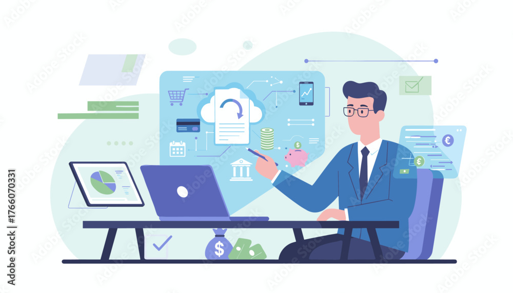 Fototapeta premium Modern digital finance concept with a businessman interacting with cloud-based online invoices, digital statements, and financial data visualizations on screens, highlighting e-invoicing and digital