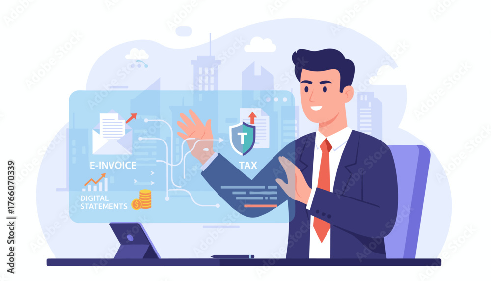 Fototapeta premium Modern businessman in a suit interacting with a futuristic holographic interface displaying e-invoice, digital statements, and tax shield icons, representing financial technology and business