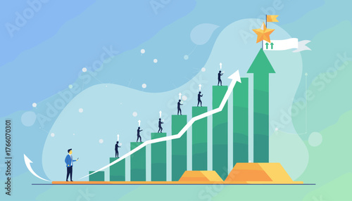 Conceptual illustration of business growth and success, depicting a rising bar chart with silhouetted figures ascending towards a golden star and flag at the summit, symbolizing achievement and