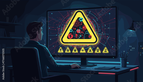 Cybersecurity expert monitoring a digital network on a computer screen displaying a large yellow warning triangle with various hazard icons, symbolizing data protection and online security threats in